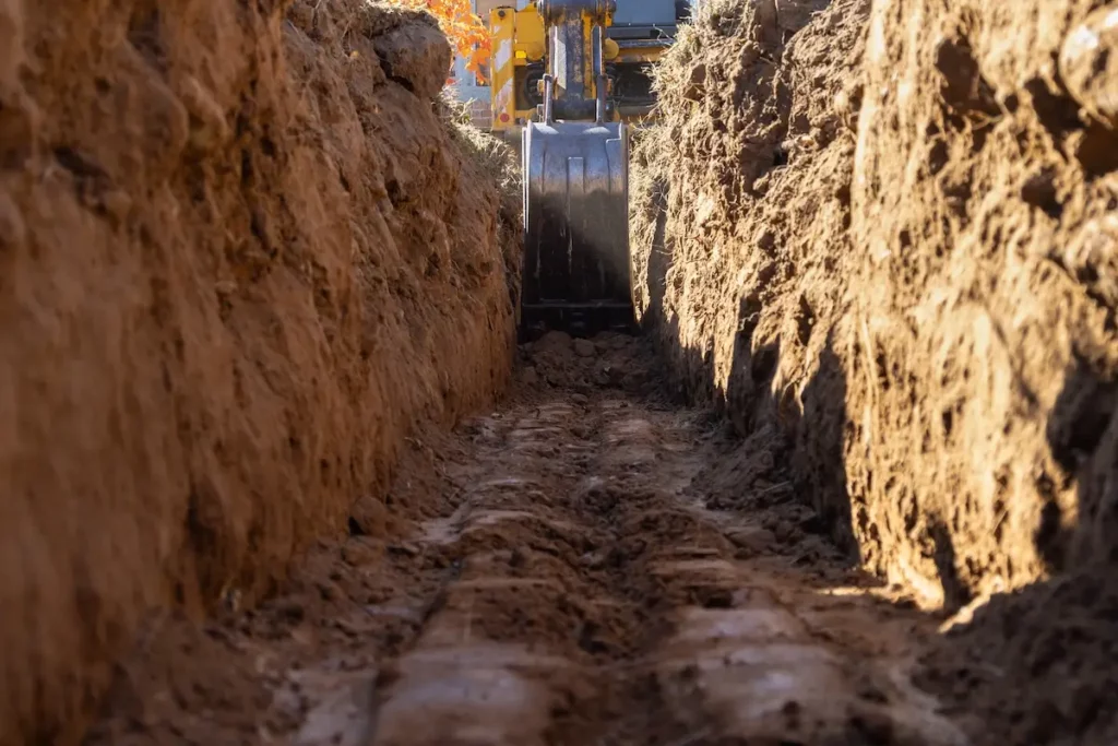 A close-up view of a deep trench dug in the ground, with an excavator bucket visible at the end, surrounded by soil and earth walls.