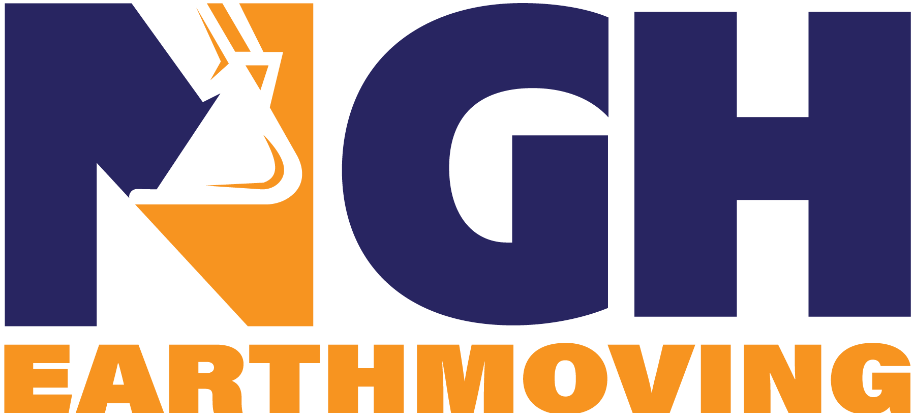 Logo for NGH Earthmoving with large, bold blue letters "NGH" above the word "EARTHMOVING" in orange. The letter "N" has an excavator bucket incorporated into its design.