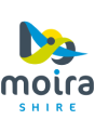 Logo for Moira Shire featuring a stylized blue and yellow bird above the words "moira shire" in lowercase letters. The design is modern and uses simple geometric shapes.
